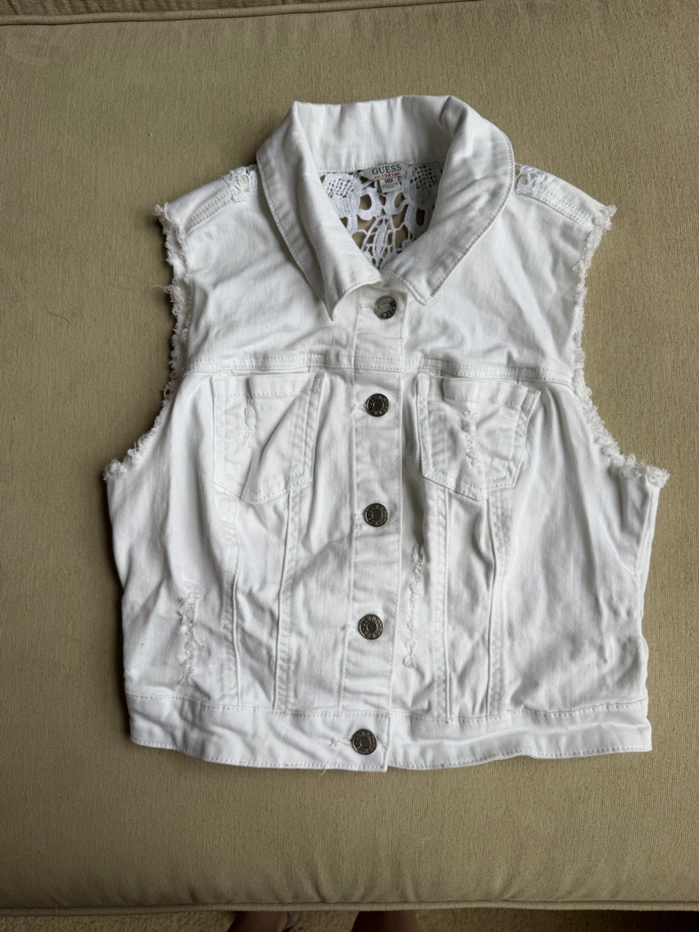 Guess White Cropped Denim Vest with Lace Back Panel